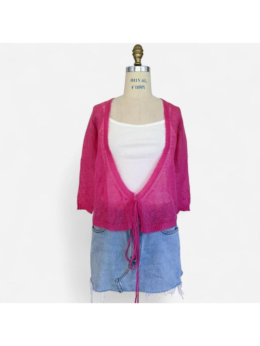 Vintage Y2K Hot Pink Mohair Blend Tie Front Cropped Cardigan